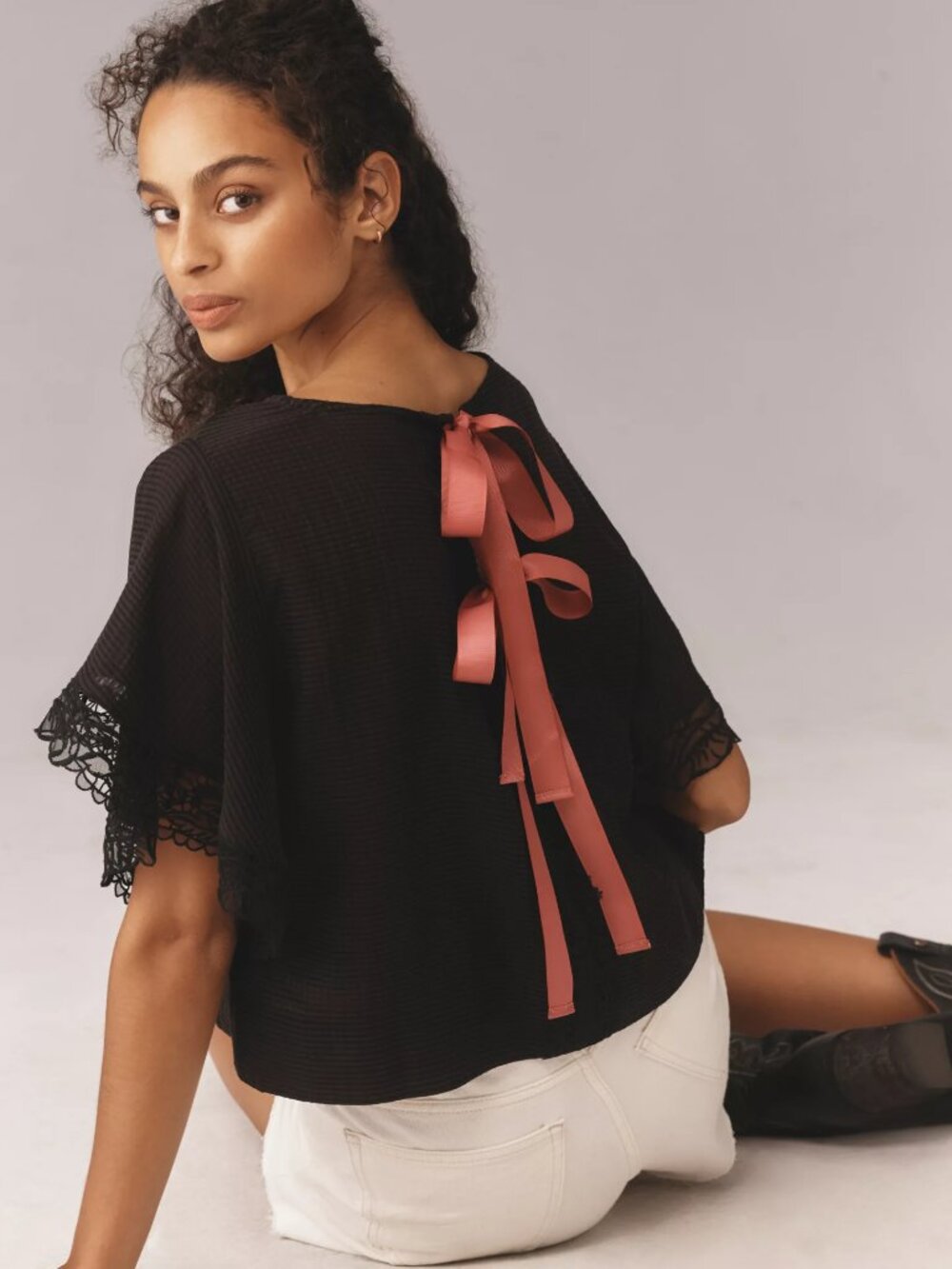 Maeve Anthropologie Black Lace Blouse with Pink Ribbon Bows – XS